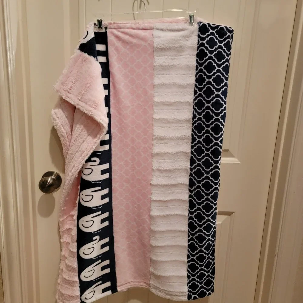 Handmade Minky Elephant Blanket 48x34 Large Plush Pink Navy Soft Throw Baby Gift